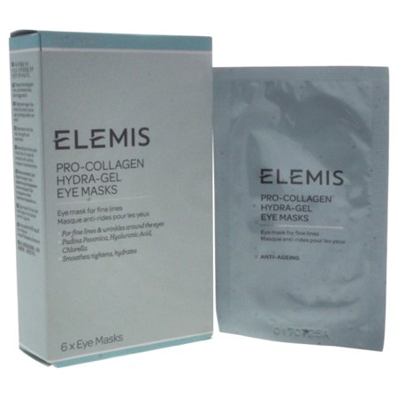 Elemis Pro-Collagen Hydra-Gel Eye Masks set of 6, featuring a sleek silver and blue packaging with a minimalist design, highlighting anti-aging benefits for fine lines.