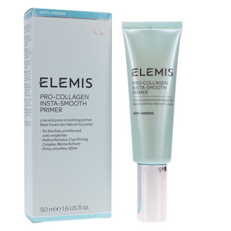 Light blue tube of Elemis Pro-Collagen Insta-Smooth Primer (50ml) with a silver cap, accompanied by a matching box featuring product details and anti-aging claims.