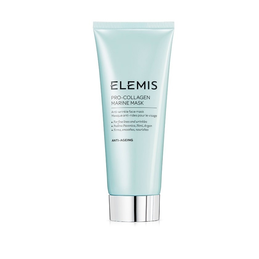 Light blue tube with a silver cap, labeled "ELEMIS Pro-Collagen Marine Mask," 100ml, highlighting anti-aging benefits and key ingredients for skin nourishment.