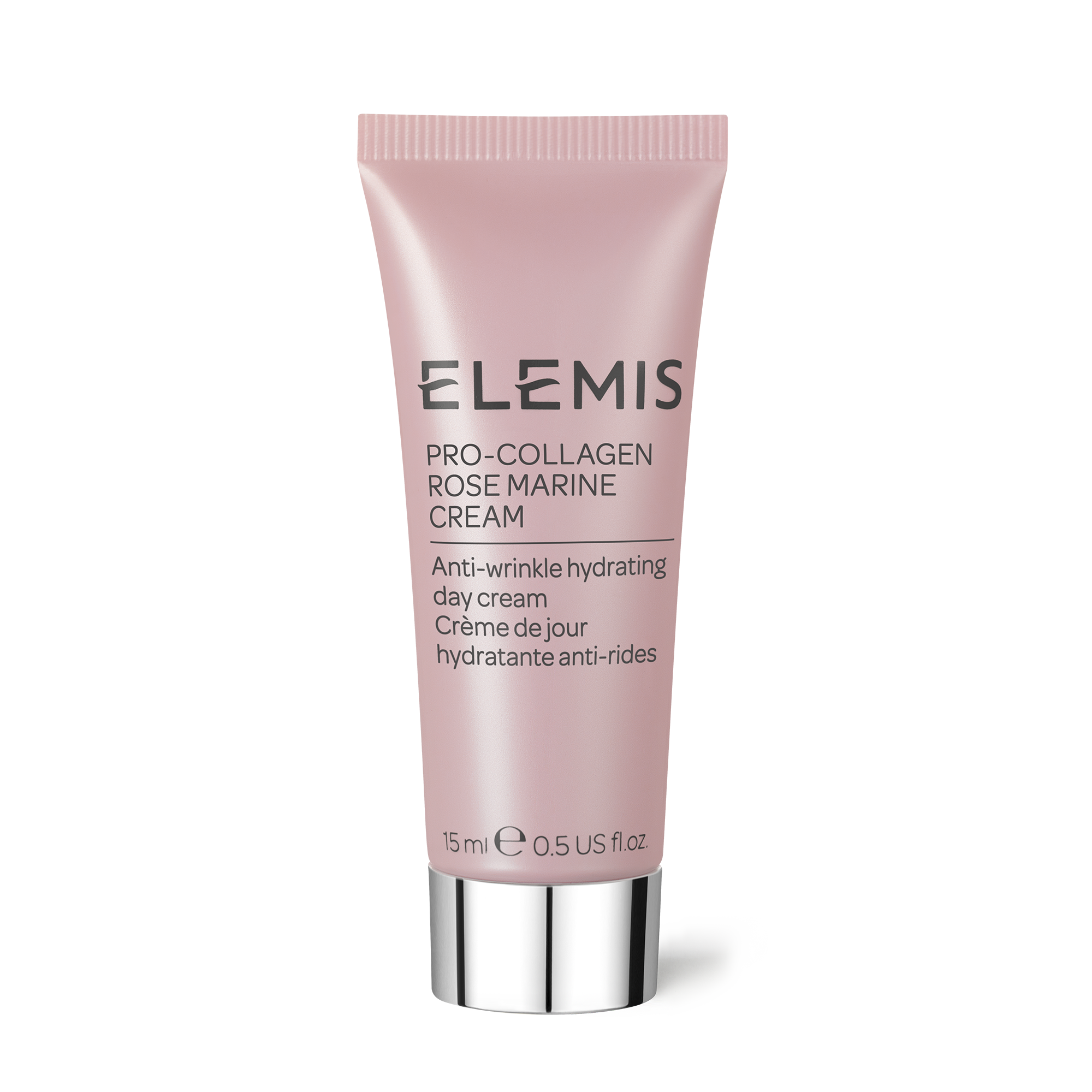 Light pink tube of ELEMIS Pro-Collagen Rose Marine Cream, 15ml, featuring silver text and a flip-top cap, labeled as an anti-wrinkle hydrating day cream for all skin types.