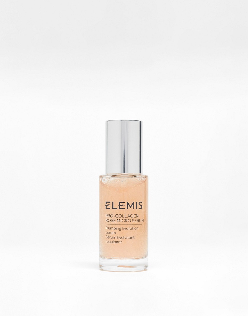 Clear glass bottle with a silver cap, containing a light pink serum, labeled "Elemis Pro-Collagen Rose Micro Serum" in elegant black text.