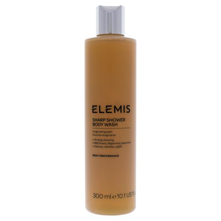 Clear plastic bottle of Elemis Sharp Shower Body Wash, 300ml, featuring a light amber liquid, a sleek design, and a white flip-top cap with the brand name prominently displayed.