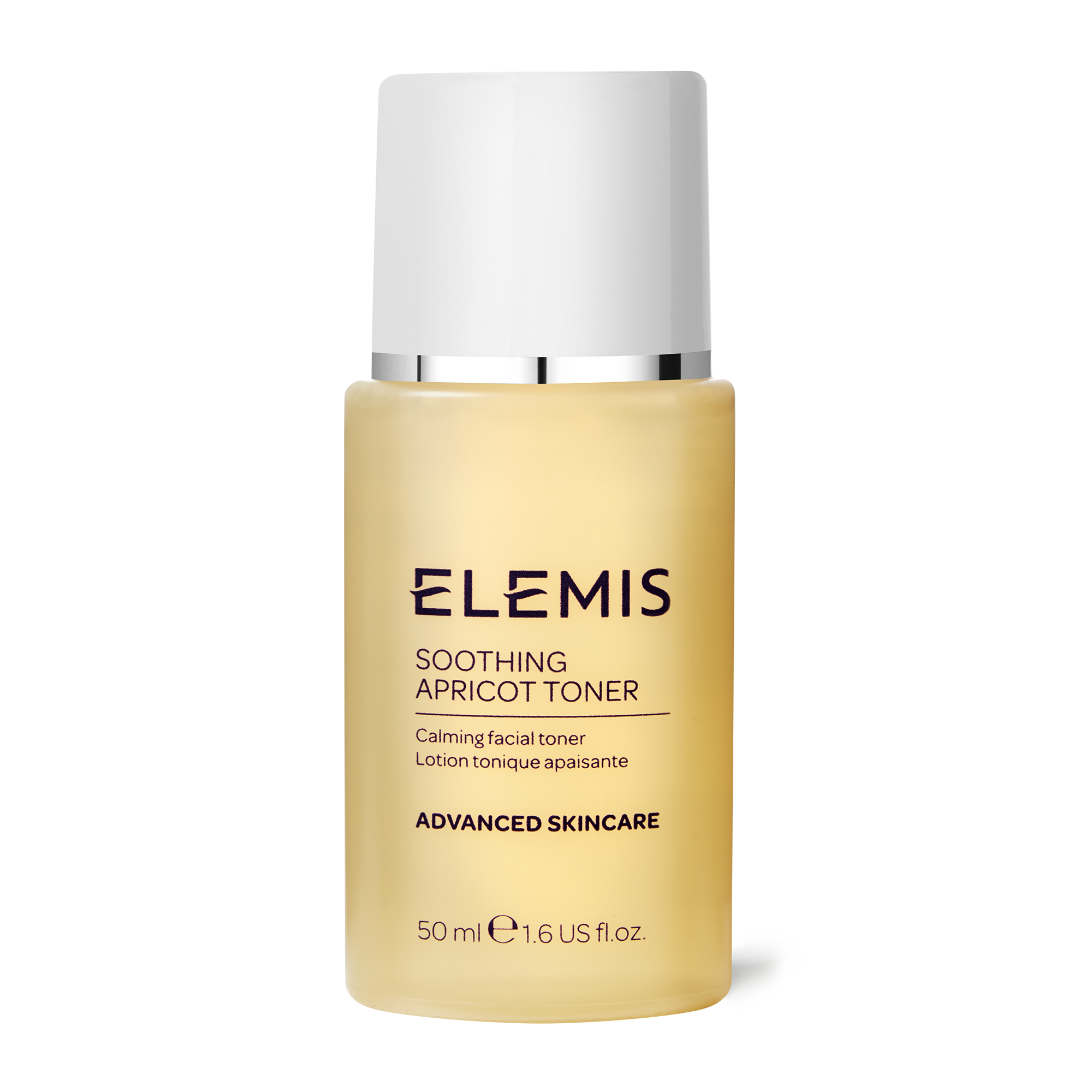 Clear glass bottle with a white cap, containing a light yellow liquid labeled "Elemis Soothing Apricot Toner," highlighting its calming facial toner properties.