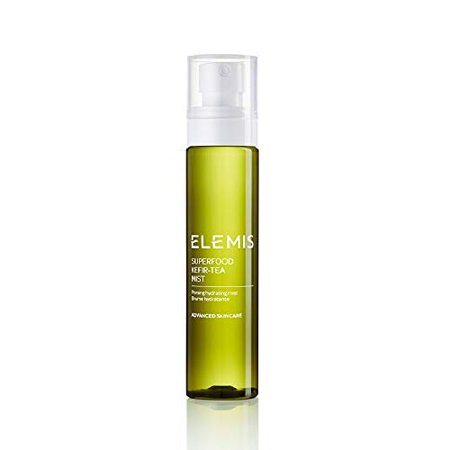 Clear spray bottle with a green tint, featuring a white pump top and label reading "Elemis Superfood Kefir-Tea Toning Facial Spray 100ml" in bold letters.