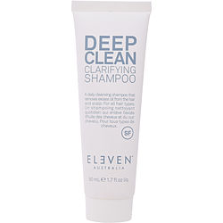 White squeeze tube with a light blue label, featuring "DEEP CLEAN CLARIFYING SHAMPOO" and "ELEVEN AUSTRALIA" in bold text; 1.7 oz size for unisex use.