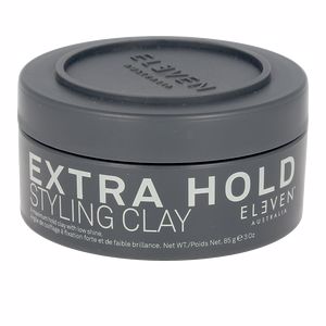 Gray round container of Eleven Australia EXTRA HOLD STYLING CLAY for men, 3 oz, featuring bold white text and a matte finish, designed for strong hold and low shine.