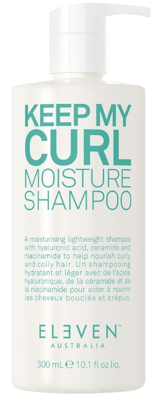 White bottle with a pump dispenser, featuring turquoise text that reads "KEEP MY CURL MOISTURE SHAMPOO" and "ELEVEN AUSTRALIA," designed for curly and coily hair, 300ml.