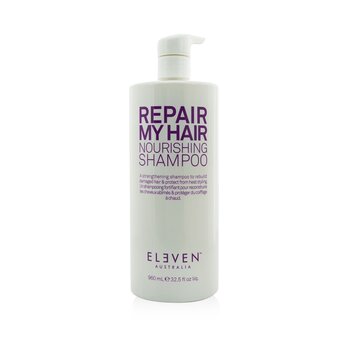 White bottle with a pump dispenser, labeled "REPAIR MY HAIR NOURISHING SHAMPOO" in purple text, 32.5 oz, designed for unisex use by Eleven Australia.