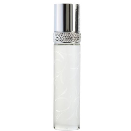 Clear glass bottle with elegant swirls, topped with a shiny silver cap and a decorative band of faux diamonds, containing 3.3 oz of White Diamonds Brilliant Eau De Toilette.