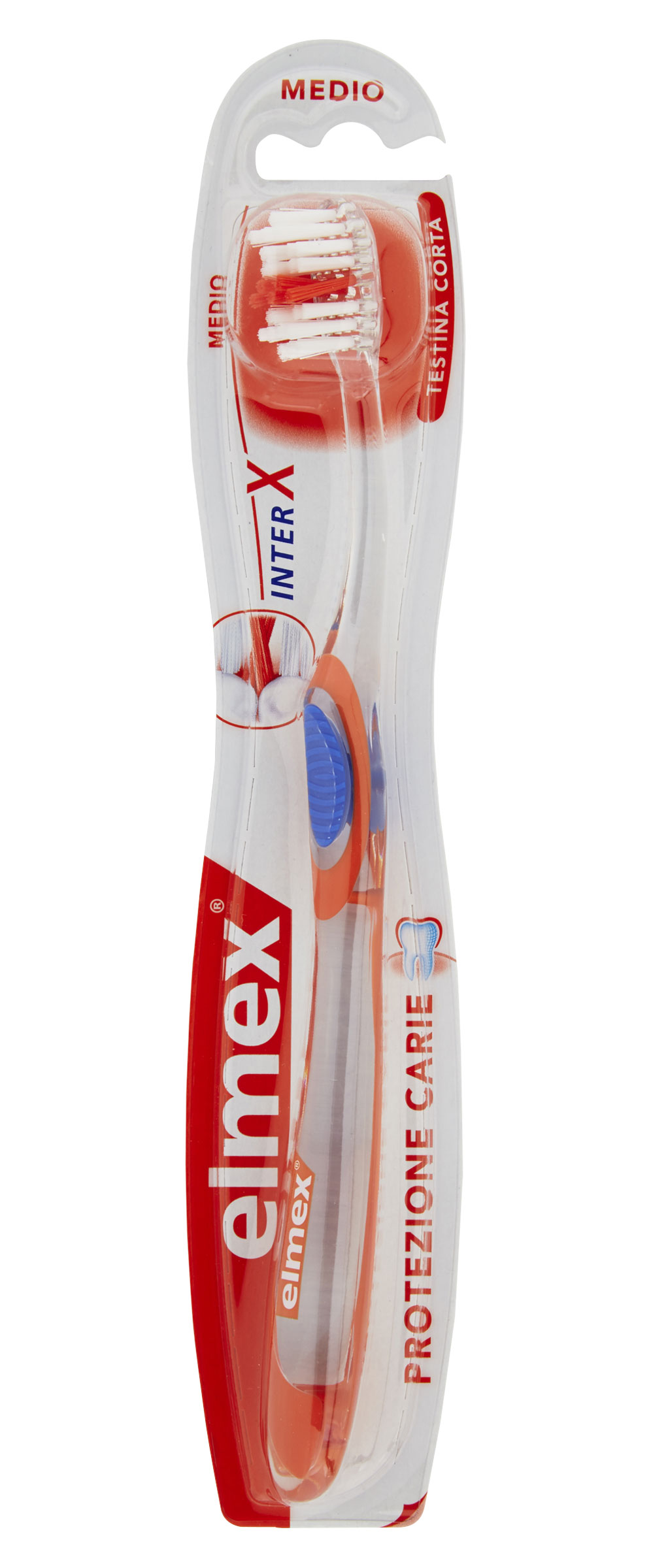 Elmex Carie toothbrush features a medium bristle head, a clear plastic handle with blue and orange accents, and packaging highlighting "Protezione Care" for effective dental hygiene.