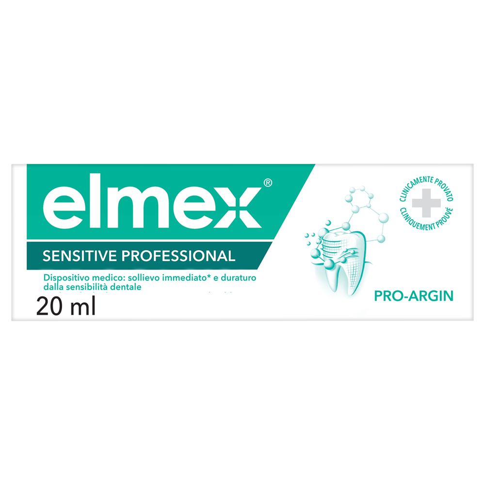 White and turquoise packaging for Elmex Sensitive Professional toothpaste, featuring a dental graphic, 20 ml size, and highlighted "Pro-Argin" technology for sensitive teeth.