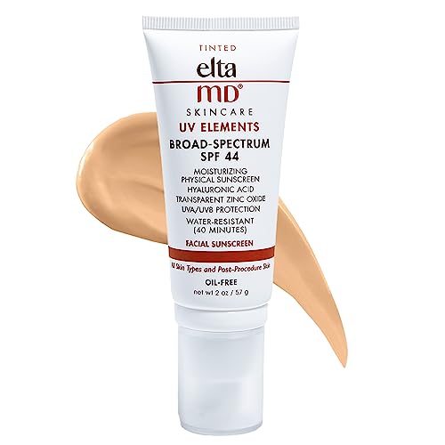 EltaMD UV AOX Elements Broad-Spectrum SPF 50 in a white tube with a flip-top cap, featuring a tinted formula and key ingredients like hyaluronic acid and zinc oxide.