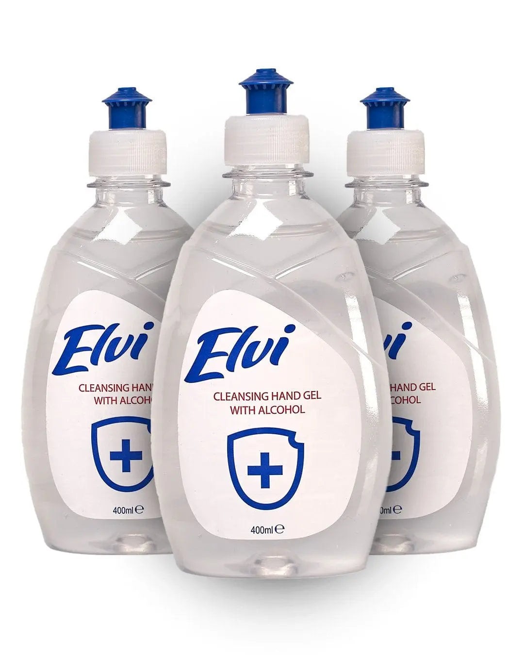 Three clear plastic bottles of Elvi Sanitiser Hand Gel, each 400 ml, featuring a blue flip-top cap and a label with a blue cross and the text "Cleansing Hand Gel with Alcohol."