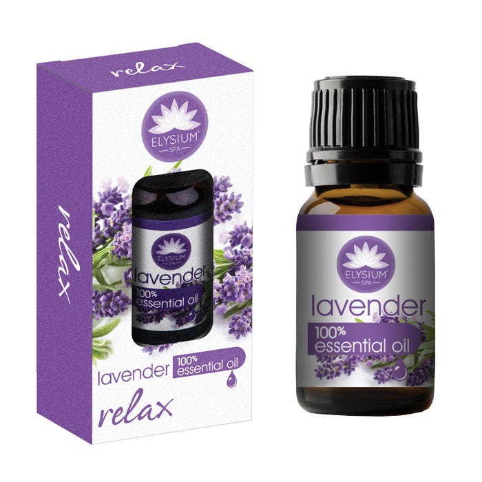 Lavender essential oil bottle in a dark amber glass with a black cap, packaged in a purple and white box featuring lavender flowers and the text "relax."