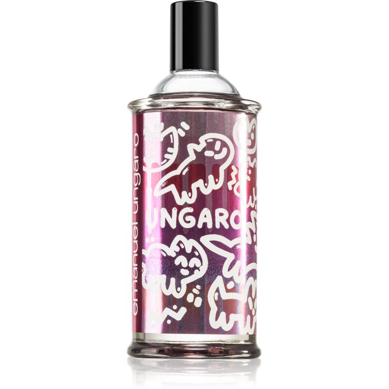 Emanuel Ungaro Fresh for Her Eau De Toilette features a colorful, metallic bottle adorned with playful dinosaur illustrations, topped with a sleek black cap.