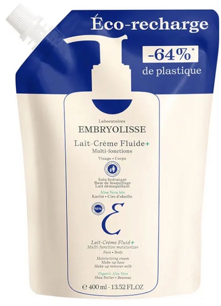 Refill pouch of Embryolisse Lait Crème Fluid, featuring a pump dispenser, white and blue design, 400 ml capacity, and eco-friendly packaging with 64% less plastic.