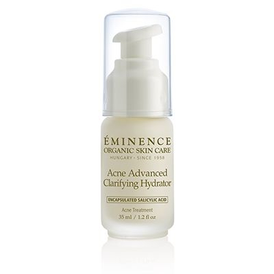 Eminence Organic Skin Care Acne Advanced Clarifying Hydrator in a clear pump bottle, featuring a white label and a sleek design, designed for treating back acne.