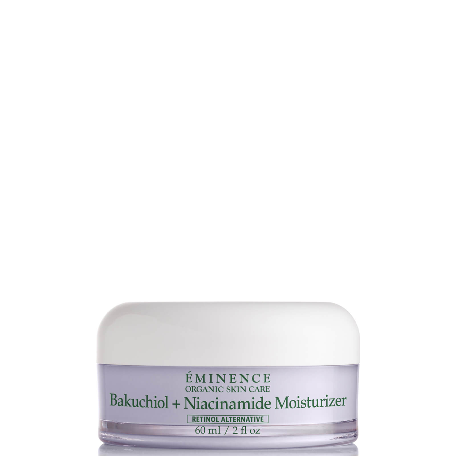 Light purple jar with a white lid, labeled "Bakuchiol + Niacinamide Moisturizer" in green text, 60ml size, promoting even-looking skin and vegan-friendly formulation.