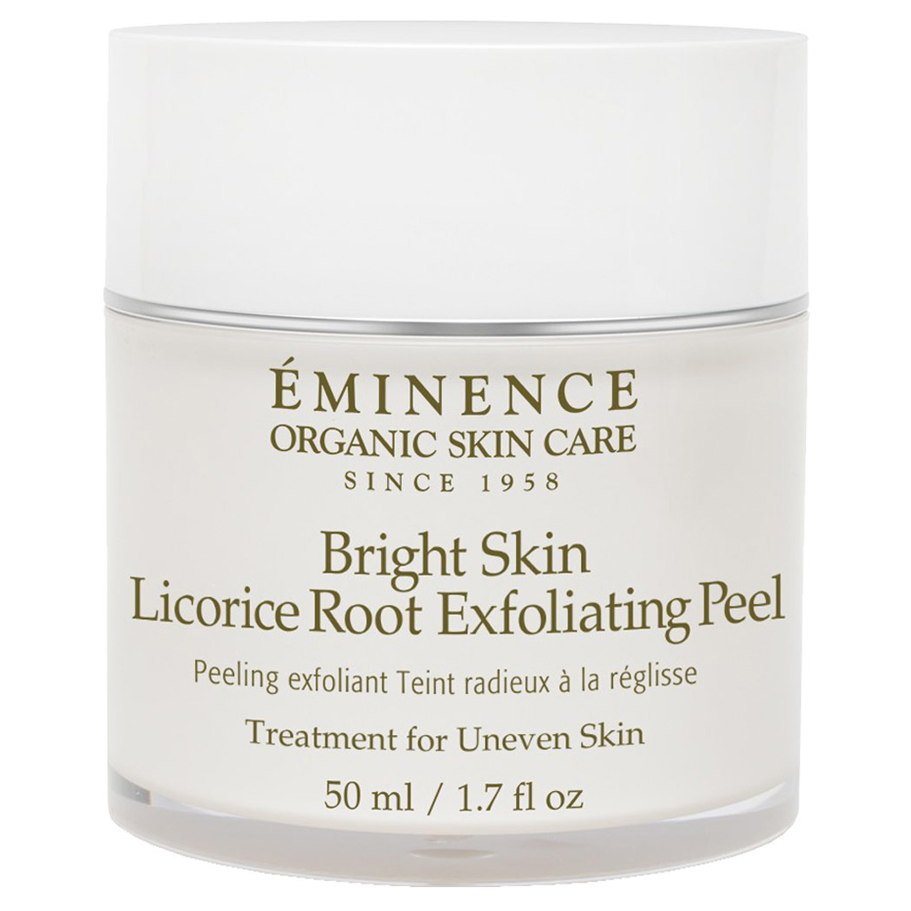 White glass jar with a silver lid, labeled "Eminence Organic Skin Care Bright Skin Licorice Root Exfoliating Peel," 50 ml, designed for uneven skin treatment.