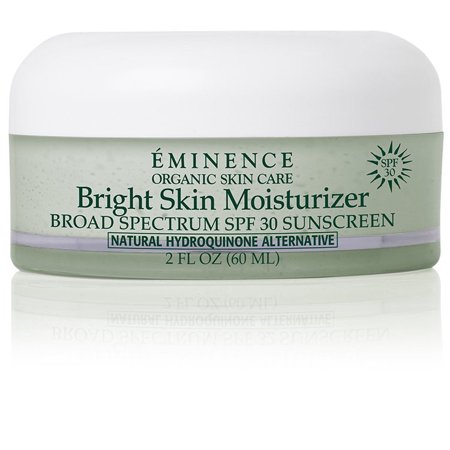 Light green jar with a white lid, labeled "Eminence Organic Skin Care Bright Skin Moisturizer SPF 30," featuring a natural hydroquinone alternative, 2 fl. oz size.