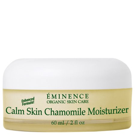 Eminence Organic Skincare Calm Skin Moisturiser in a clear jar with a white lid, labeled with green text, featuring chamomile and a 60ml capacity.