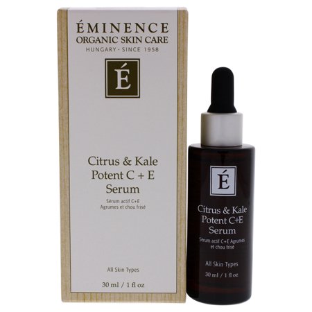 Citrus and Kale Potent C Plus E Serum by Eminence in a dark glass dropper bottle with a wooden box, featuring a white label with green and gold accents.
