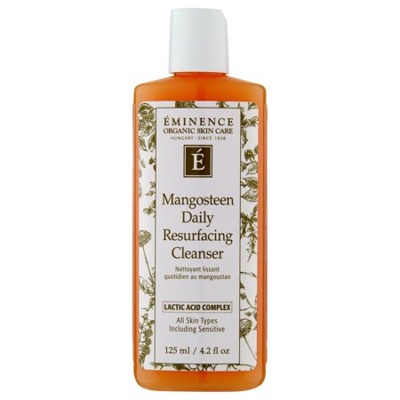 Orange plastic bottle of Eminence Mangosteen Daily Resurfacing Cleanser, featuring a white label with green accents, stating "All Skin Types Including Sensitive" and "125ml/4.2OZ."