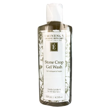 Clear plastic bottle with a green label featuring botanical illustrations, containing 125ml of Eminence Organic Skincare Stone Crop Gel Wash, an oil-free facial cleanser.