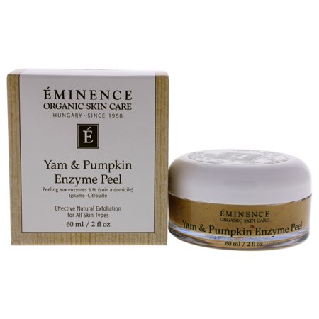 Eminence Yam and Pumpkin Enzyme Peel in a 2 oz glass jar with a white lid, placed beside a brown and cream box featuring the brand logo and product details.