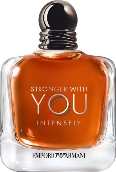 Clear glass bottle with a rounded shape, featuring a dark silver cap, filled with amber-colored fragrance, labeled "Stronger With You Intensely" by Emporio Armani.