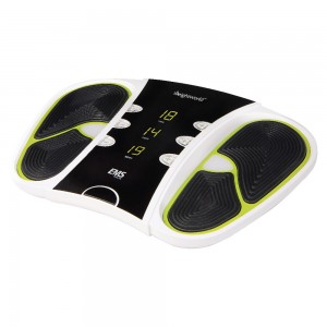 Black and white EMS circulation device with green accents, featuring a digital display and buttons for 99 intensity functions, designed for daily use to enhance circulation.