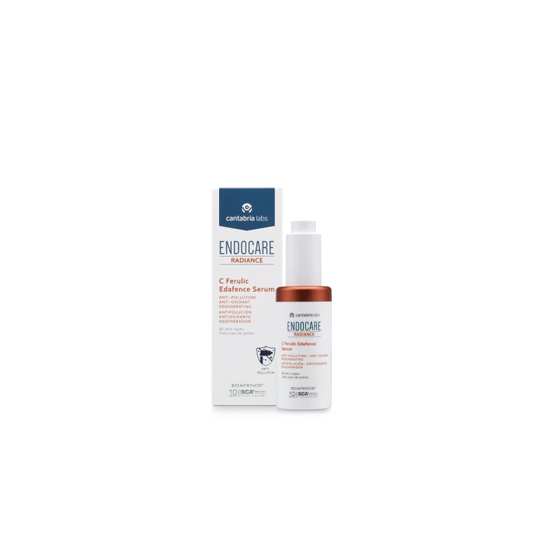 Endocare C-Ferulic Edafence Serum in a white and brown bottle with a pump dispenser, featuring a sleek design and a white box with blue and red accents, highlighting anti-pollution benefits.