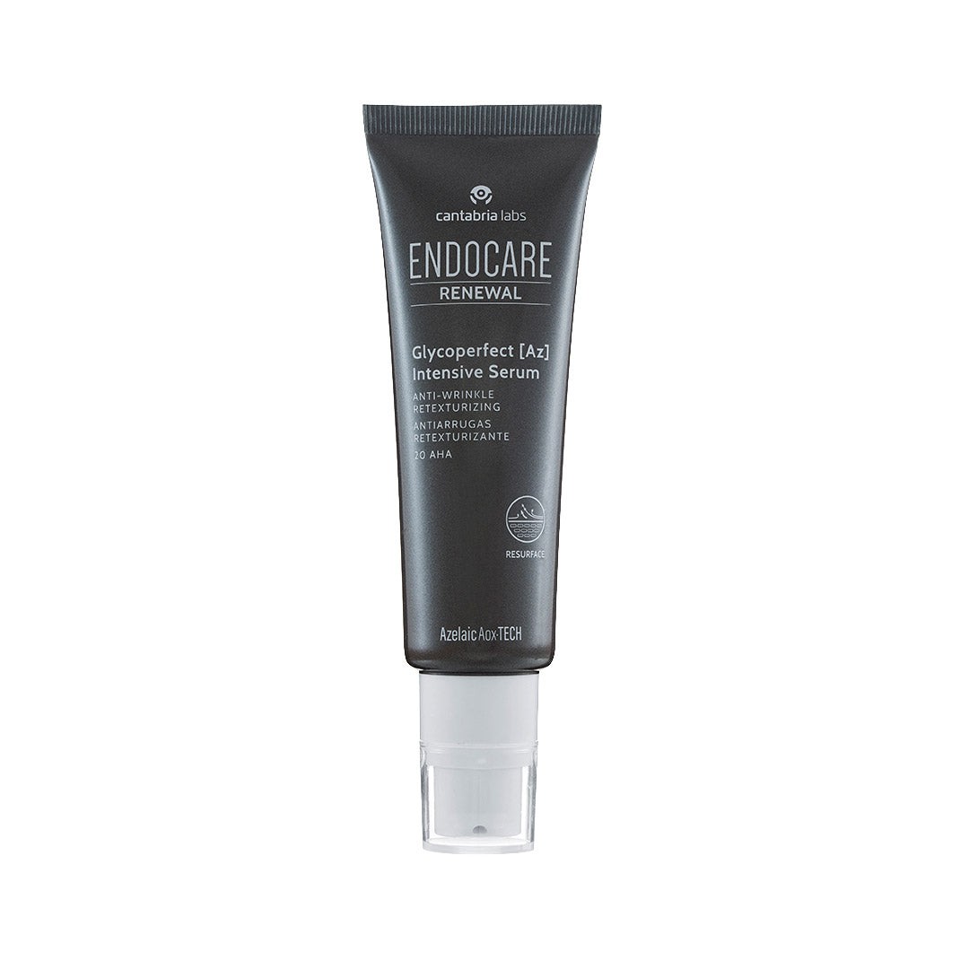 Gray tube with a black cap, labeled "Endocare Glycoperfect [Az] Intensive Serum 50ml," featuring a sleek design and white text on the front.