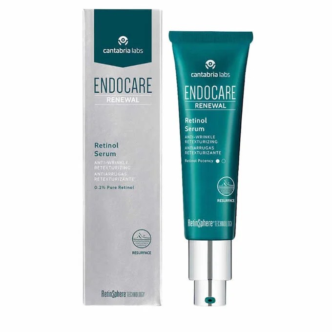Green tube with a silver cap, labeled "Endocare Renewal Retinol Serum 30ml," alongside a matching box featuring the same branding and product details.