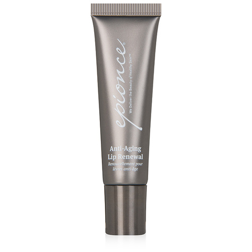 Gray tube with a silver cap, labeled "Epionce Anti-Aging Lip Renewal," featuring elegant white text and a sleek design, containing 0.42 oz of product.