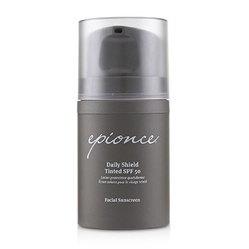 Epionce Daily Shield Tinted SPF 50 in a sleek gray bottle with a pump dispenser, labeled for all skin types, containing 50ml of facial sunscreen.