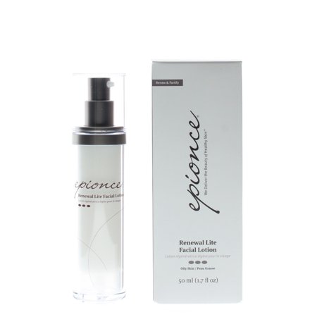 Clear plastic pump bottle with a silver cap, containing a lightweight facial lotion, alongside a white box featuring the Epionce logo and product details.