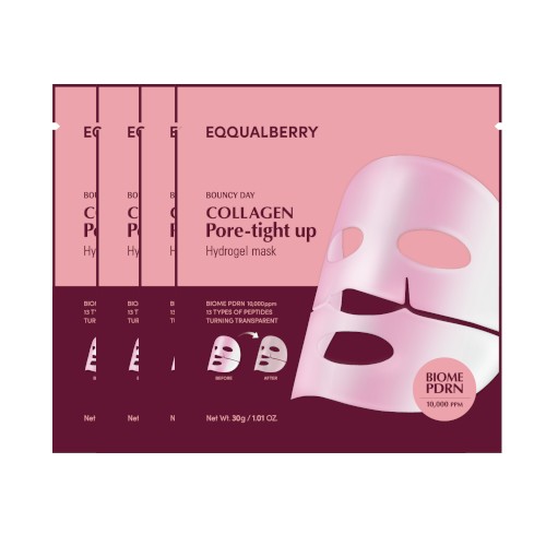 Four pink packages of Eqqualberry Collagen Pore-Tight Hydrogel Mask, featuring a white mask illustration and details about its collagen and biome properties.