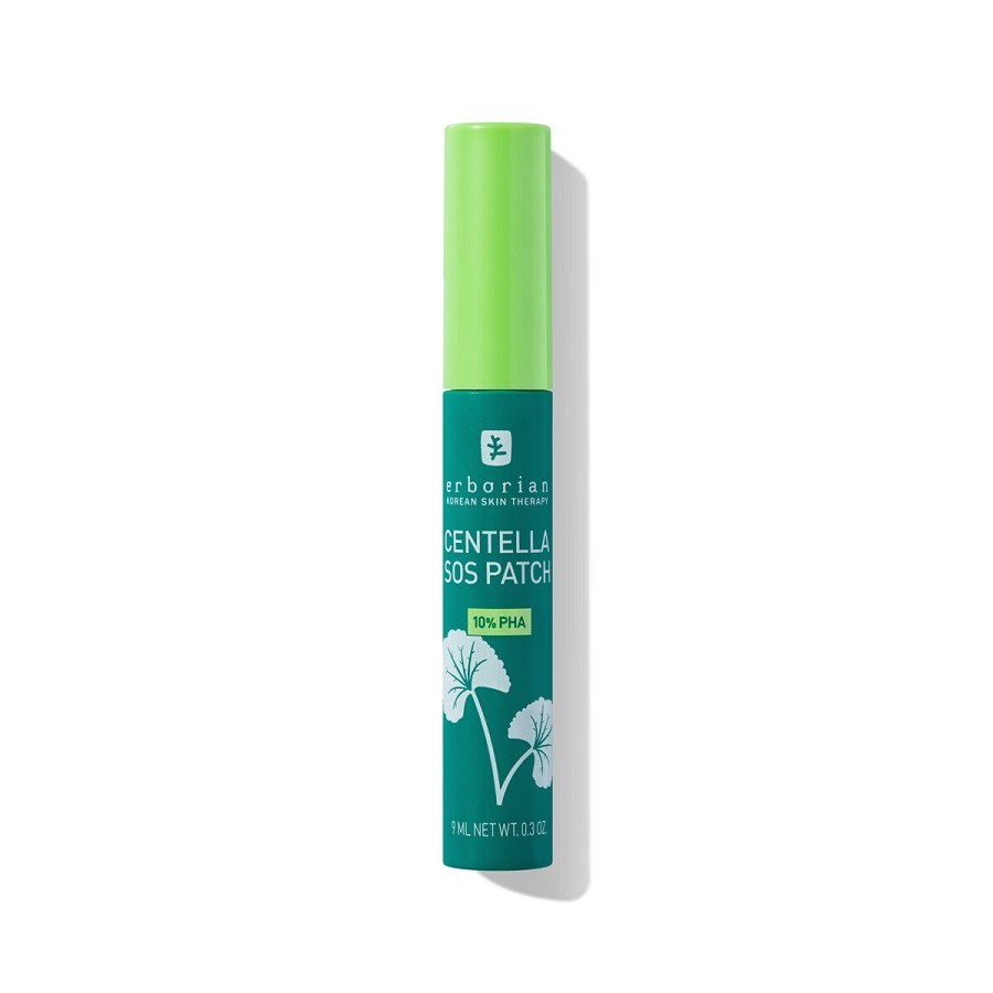 Green cylindrical tube of Erborian Centella SOS Patch, featuring a white logo and text, with a bright green cap, designed for skin treatment with 10% PHA.