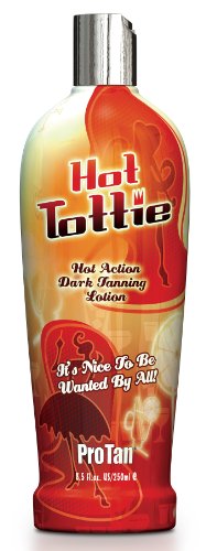 Pro Tan Hot Tottie tanning lotion bottle features a vibrant orange and red gradient design with a silhouette of a woman, labeled "Hot Action Dark Tanning Lotion" in bold text.
