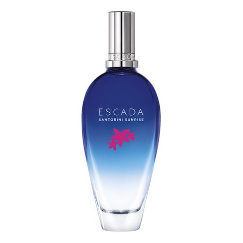 Blue ombre glass bottle with a silver cap, featuring a pink floral design and the text "ESCADA SANTORINI SUNRISE," containing 1 oz of limited edition EDT for women.