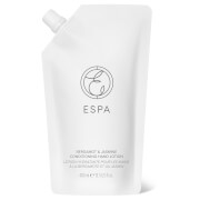White refill pouch for Conditioning Hand Lotion by ESPA, featuring a spout for easy dispensing, labeled with "Bergamot and Jasmine" and a sleek, minimalist design.