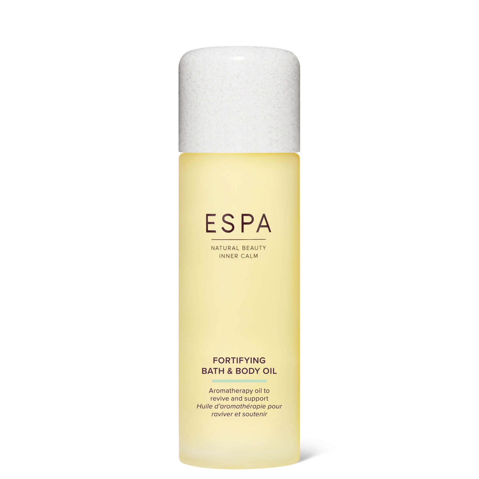 Transparent bottle of ESPA Fortifying Bath and Body Oil, 100ml, with a frosted white cap, featuring a yellow oil and minimalist branding in brown text.