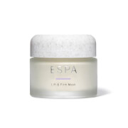 White jar with a textured light grey lid, labeled "ESPA Lift & Firm Mask," containing a creamy, smooth skin care mask designed to enhance skin firmness and texture.