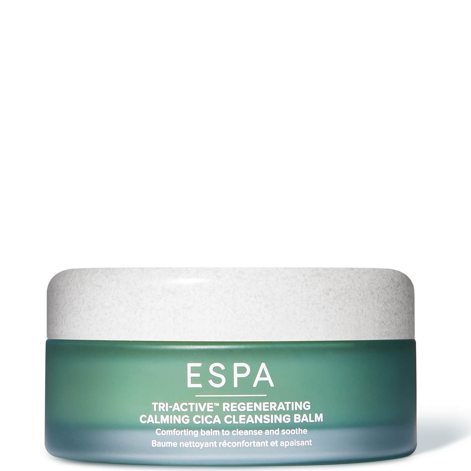 Green and white round jar of Espa Tri-active Regenerating Cica Balm, featuring a smooth, matte finish and labeled with product details in white text.