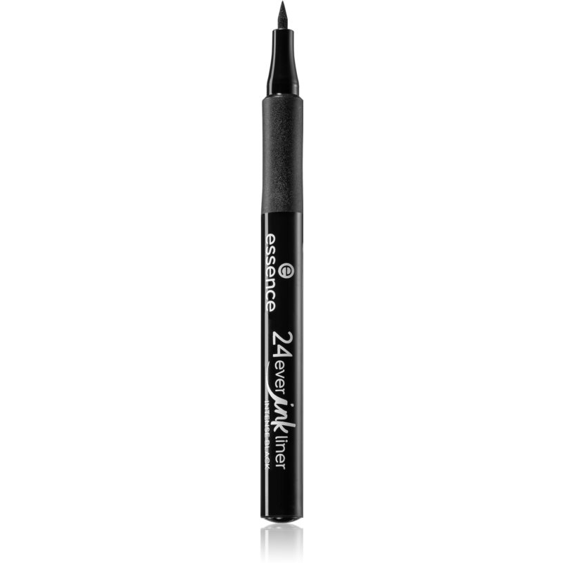 Black felt-tip eyeliner pen with a sleek design, labeled "essence 24ever Ink Liner Intense" in white text, featuring a fine tip for precise application.