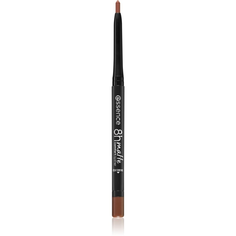 Essence 8H Matte Comfort Lipliner in Cinnamon Spice 01 features a slim, retractable pencil design with a rich, warm brown color and a matte finish.