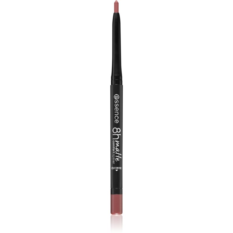 Essence 8H Matte Comfort Lipliner in Rosy Nude 04 features a slim pencil design with a soft pinkish-nude tip and a sleek black body, labeled with the brand and product name.