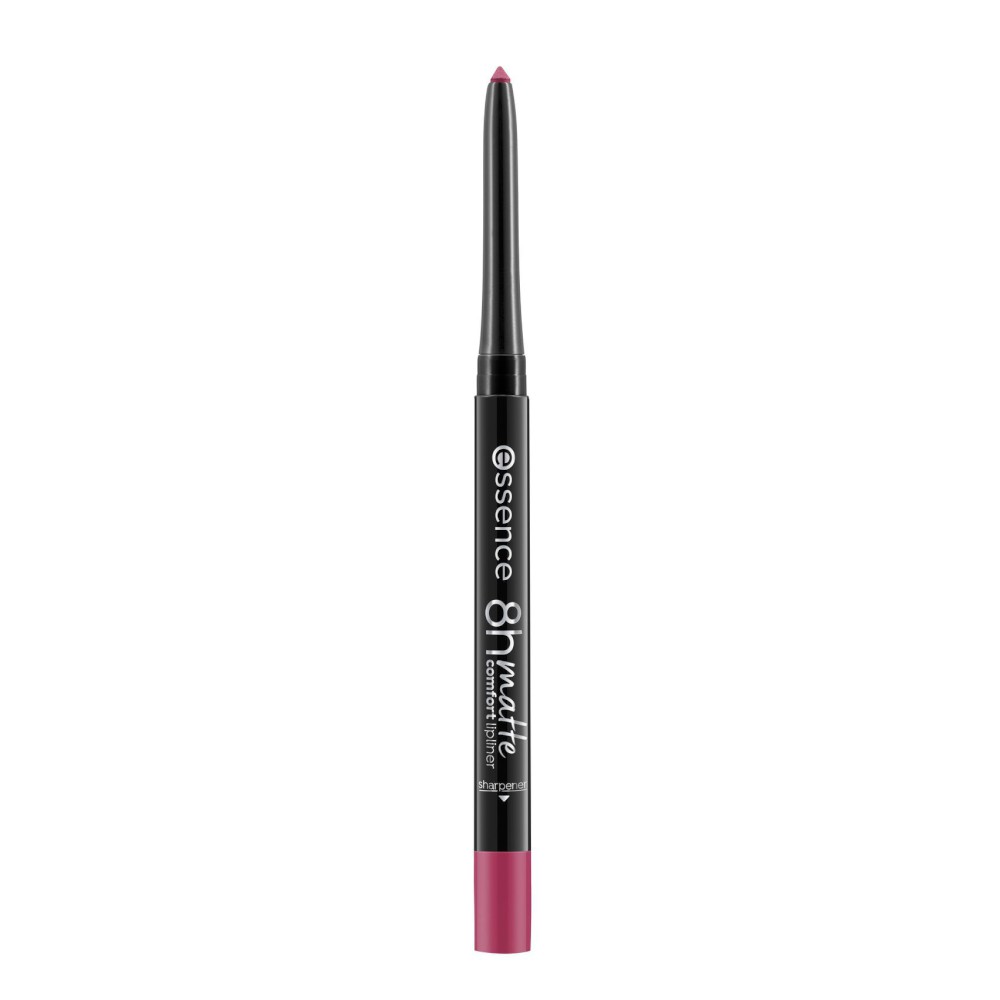 Essence 8H Matte Comfort Lipliner in Pink Blush 05 features a sleek black pencil design with a vibrant pink tip, ideal for precise lip contouring.