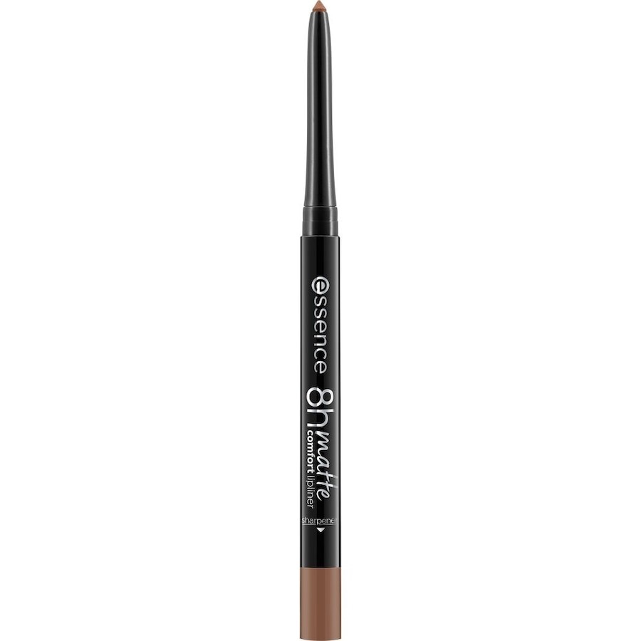 Essence 8H Matte Comfort Lip Pencil in shade 10 features a sleek black casing with a pointed lip pencil tip, showcasing a warm brown color ideal for defining lips.